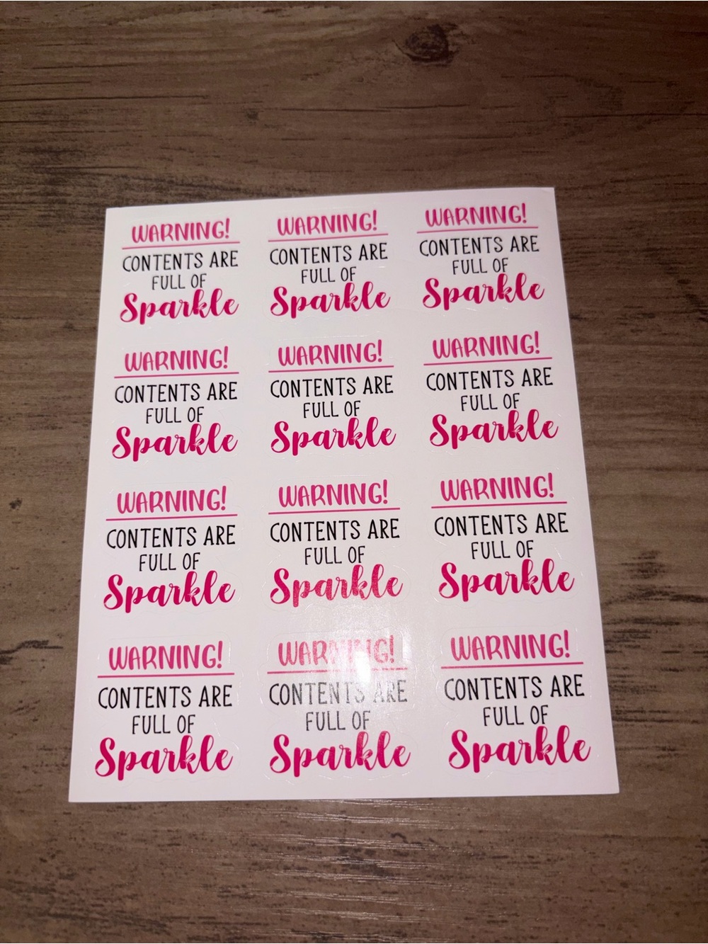 Pink “Warning! Contents Are Full of Sparkle” Sticker Sheet | 120 Glossy Labels